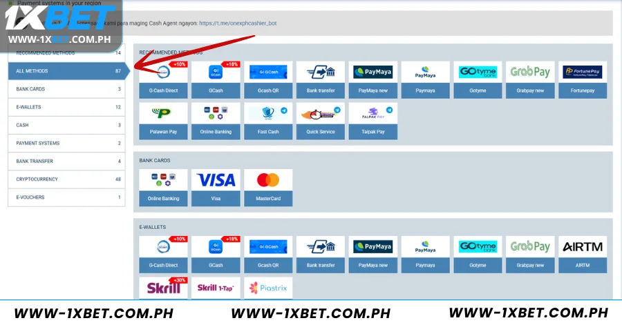 Choose payment method at 1xbet