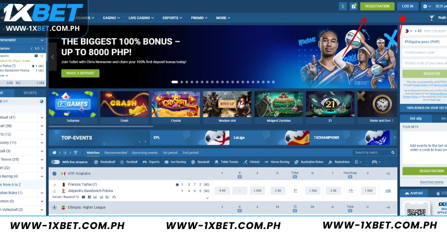 Go to the address www-1xbet.com.ph and click login or registration button